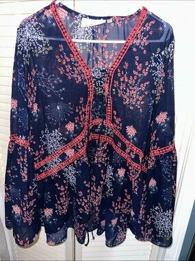 Navy Floral Lace-Up Peasant Blouse with Red Trim